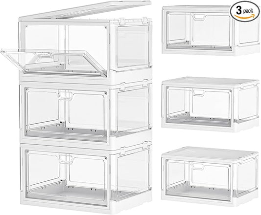 Kmiectse Clear Storage Bin with Lid 3 Pack 【Stackable & Sturdy】 Plastic Multifunctional Folding Storage Bins for Bedroom, Living Room, Study,Room, 23 QT Folding Box with Magnetic Door