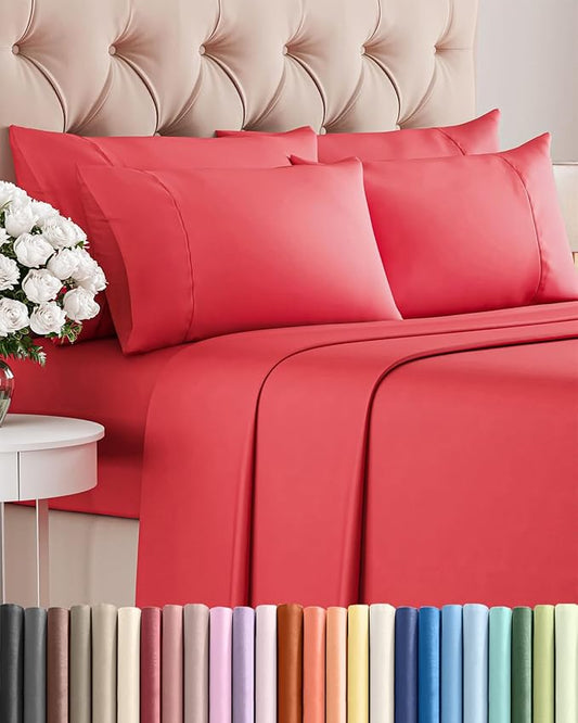 Cal King 6 Piece Sheet Set - Comfy, Breathable & Cooling - Hotel Luxury Bedding for Women, Men, Kids, Teens and Children - 1 Flat & 1 Fitted Sheet & 4 Pillowcases w/ Deep Pockets - Wrinkle Free - Red