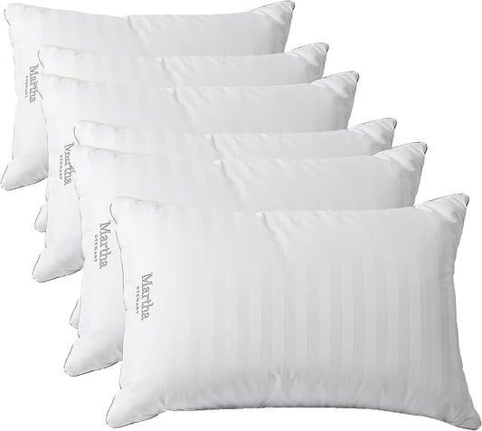 Martha Stewart Feather Down Pillow, Medium Soft, Queen | 100% Cotton | 500 Thread Count | Damask Stripe | Set of 2, Pack of 3