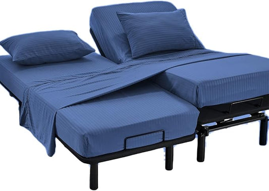 Kingnex Striped Split California King Sheets Sets for Adjustable Bed with Deep Pocket 5 Pieces Include 2 Cali Twin XL Fitted Sheets 1 Flat Sheet 2 King Size Pillowcases Navy