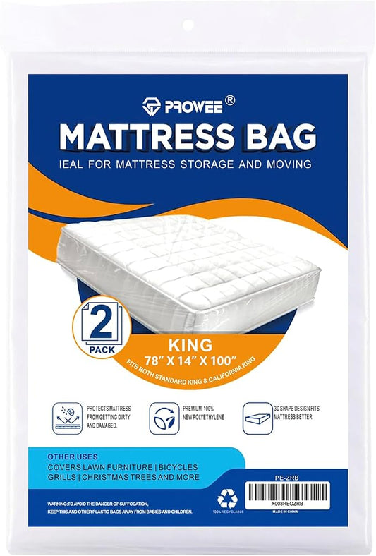 2 Pack King/Cal King Mattress Bag for Moving and Storage, Clear Plastic Mattress Cover for Moving, Waterproof Mattress Disposal Bags