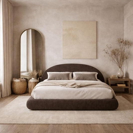 Round Bed – Washable Zip Cover - Upholstered Linen Soft Foam - Modular Minimalist Modern - Half Circle Moon - Sold Sold Separately (Brown Linen, King Base)