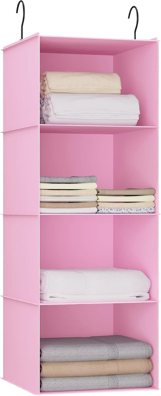 Hanging Closet Organizer, Easy Mount Foldable 4-Shelf Hanging Closet Wardrobe Storage Shelves, Clothes Handbag Shoes Accessories Storage, Washable Oxford Cloth Fabric, Pink