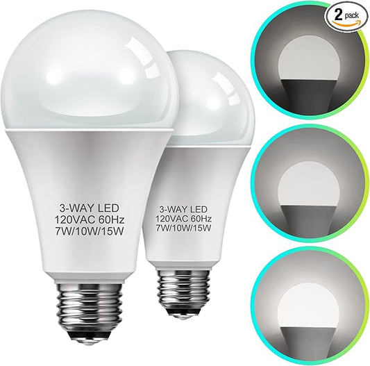 3 Way Light Bulbs, LOHAS 3 Way LED Light Bulbs 50 100 150W Equivalent, Daylight White 5000K, Three Way A19 Light Bulbs, E26 Base LED Bulbs for Desk Lamps, Floor Lamps, Table Lamps, 2 Pack