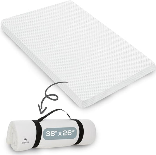Babylicious Waterproof Pack and Play Mattress Pad - 38" x 26" | Roll Up Style - Breathable Soft Memory Foam - Portable Mattress Topper- Baby Foam Mattresses for Babies - Includes Easy Carry Buckle