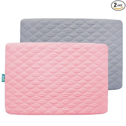 2 Pack Pack and Play Mattress Protector Sheets Fitted Waterproof Playard Mattress Pad Cover, Compatible with Graco Pack n Play & Dream On Me & Pamo Babe, Playpen/Playard Sheet, Gray&Pink, 39" x 27"