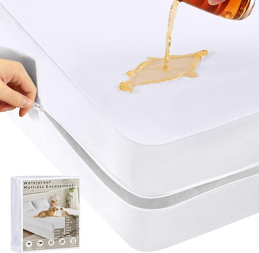 King Size Mattress Protector Zippered (8’’-10” Depth) – Waterproof Mattress Encasement Bed Cover,Premium Six-Sided Mattress Cover for Bed,Noiseless Breathable Machine Washable, White