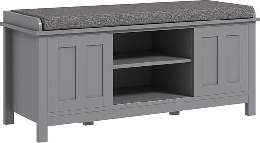 HOMCOM Entryway Shoe Bench Storage Ottoman with Sliding Doors, Adjustable Shelving, 6 Compartments, and Padded Seat, Holds 10 Pairs, Gray