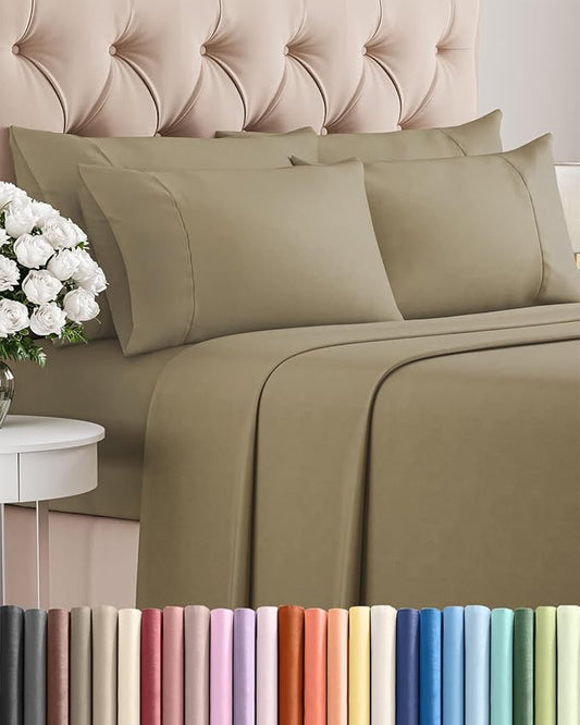 King 6 Piece Sheet Set - Comfy, Breathable & Cooling - Soft Hotel Luxury Bedding for Women, Men, Kids, Teens & Children - 1 Flat & 1 Fitted Sheet & 4 Pillowcases w/ Deep Pockets - Wrinkle Free - Khaki