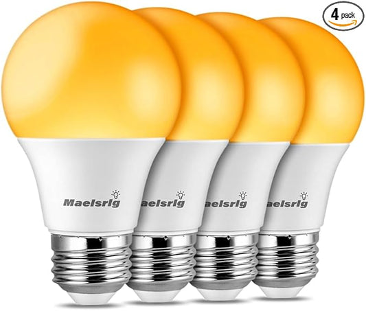 Maelsrlg Sleep Light Bulb, 1600K Amber LED Bulb Blue Light Free - 60W Equivalent, 8W A19 E26 Base, Dimmable Warm Light Bulbs for Bedroom, 4-Pack