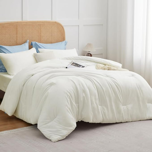 CozyLux Queen Comforter Set Ivory, 3 Pieces Solid Comforters Queen Size Breathable Quilted Bedding Sets, Luxury Soft Lightweight Bed Set with Down Alternative Comforter and 2 Pillowcases All Seasons