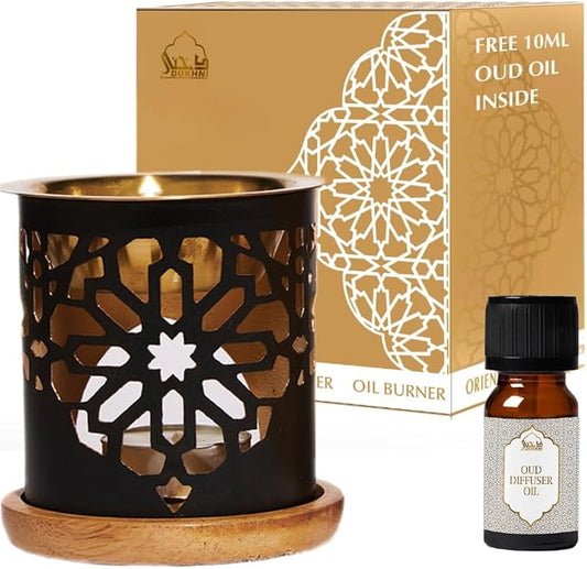Dukhni Oil Burner | Brass Burner with Candle | Use for Essential Oil, Aroma Oil, Diffuser Oils | Relax with Home Aromatherapy, for Stress Relief, Meditation, Massage and Home Fragrance, Islamic Gift