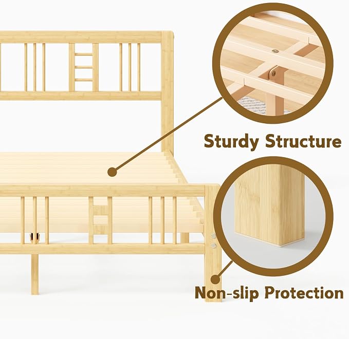 10 Inch High Bamboo Full Size Bed Frame with Headboard and Footboard, Wood Full Bed Frame No Box Spring Needed Heavy Duty, Metal Slat Support, Easy Assembly, Noise Free, Reinforced