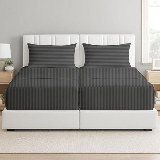 5 Piece Split Queen Sheet Set, 100% Egyptian Cotton, 16 Inch Deep Pockets, Dark Grey Stripe, Soft Cooling Sheets for Adjustable Beds, Sleep Number Beds, Split Queen Mattress Sheet Set