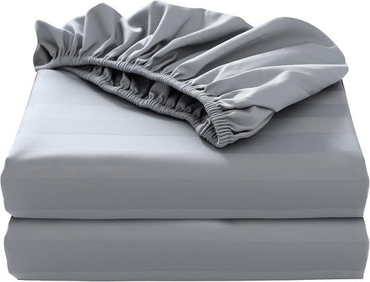 2-Pack Pure Cotton Twin XL Fitted Sheet for Adjustable Bed Split King, 600 TC 16" Deep Pocket Egyptian Cotton Fitted Sheet (2pcs, Twin XL, Stripted Gray)