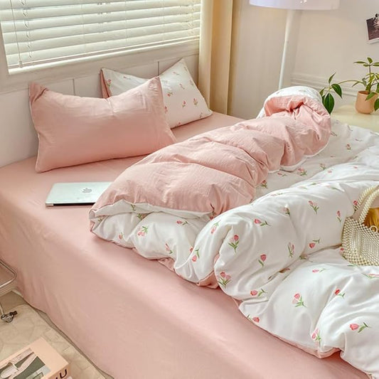 Nayoroom Pink Floral Duvet Cover Full Size Coquette Tulip Printed on White Reversible Comforter Cover 3Pcs Kids Girls Cottagecore Bedding Set with Zipper Closure Soft Breathable Microfiber