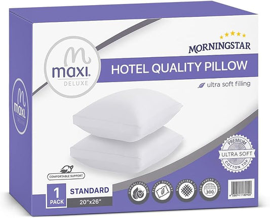 Maxi Deluxe Standard Size Bed Pillow – Ultra Soft & Comfortable – Versatile for Side, Back & Stomach Sleepers – 300TC Cotton Top – Single Pack – (Standard Size Pillow is 20 x 26)