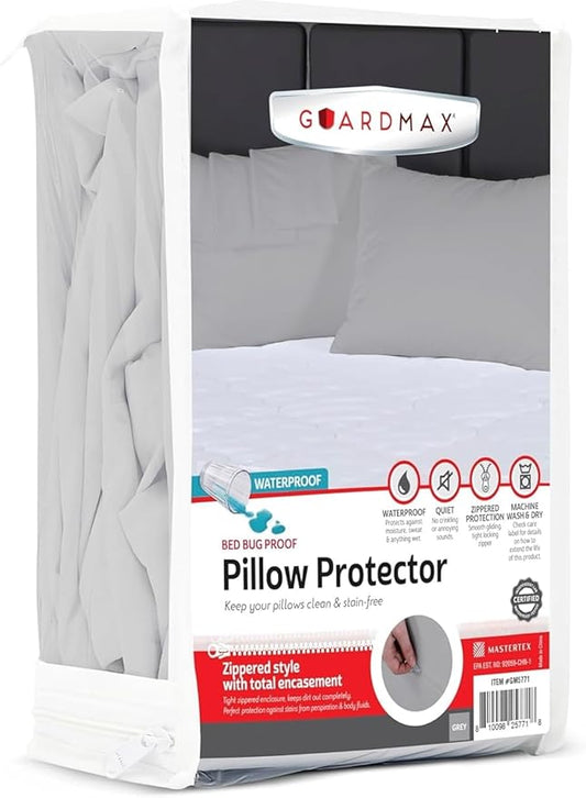 Guardmax Waterproof Pillow Protector Grey King Size - Zippered Bed Bug Pillow Protector 12 Pack - Hypoallergenic Pillow Case Cover Protects from Bedbug, Dust Mite, and Liquid Spills - (20 X 36)