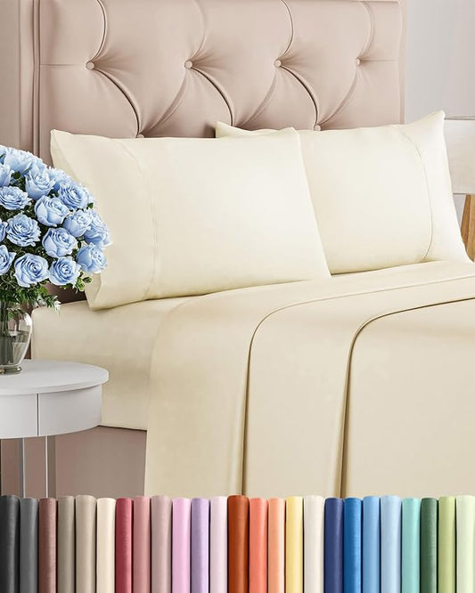 Twin 4 Piece Sheet Set - Comfy, Breathable & Cooling - Hotel Luxury Bedding for Women, Men, Kids, Teens & Children - 1 Flat & 1 Fitted Sheet & 2 Pillowcases w/ Deep Pockets - Wrinkle Free - Off White