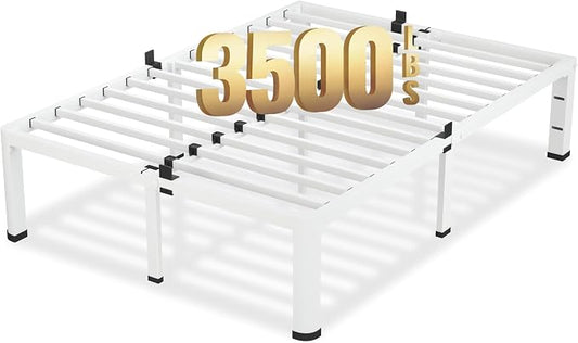 VIPSHOW 20 Inch Full Size White Bed Frame, 3500Lbs Heavy Duty Metal Platform with Round Corner Legs Mattress Slide Stopper, Steel Slat Support No Box Spring Needed, Noise Free, Non-Slip, Easy Assembly
