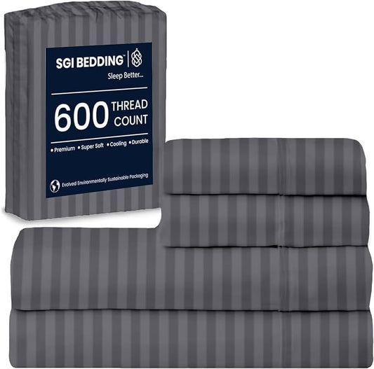SGI bedding 100% Egyptian Cotton Sheets Full Size – 600 Thread Count Sheets Set, Soft, Cooling, 15" Deep Pocket, Luxury Hotel Bedding, Breathable, Durable - Dark Grey Stripe