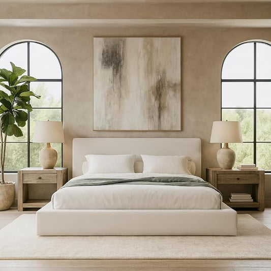 Square Bed – Washable Cover - Soft Upholstered Linen - Minimalist Modern - Sold Separately (White Linen, King Base)