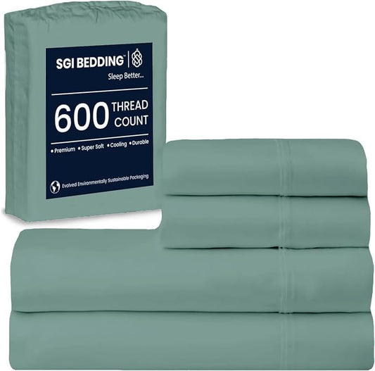 SGI bedding 100% Egyptian Cotton Sheets California King Size – 600 Thread Count Sheets Set, Soft, Cooling, 15" Deep Pocket, Luxury Hotel Bedding, Breathable, Durable - Aqua Green