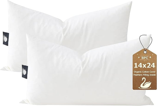 BPC 14x24 Down Feather Lumbar Pillow Inserts Set of 2, 100% Organic Cotton Cover, Soft Decorative Throw Pillows for Sofa, Couch and Bed, White