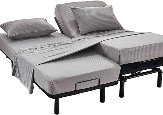 Kingnex Striped Split King Sheets Sets for Adjustable Bed with Deep Pocket Ultra Soft 1800 Brushed Microfiber 5 Pieces Include 2 Twin XL 39x80 Fitted Sheets 1 Flat Sheet 2 King Size Pillowcases Grey