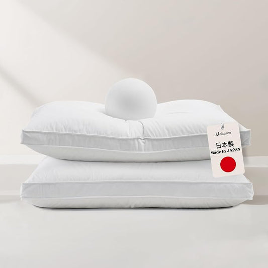 UNIKOME White Goose Down Feather Gusseted Pillows - 100% Cotton Cover - Queen Size Pillow Set of 2, Made in Japan Pillow for Sleeping