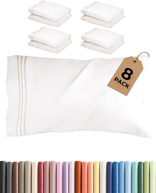 Queen Pillow Cases Set of 8 - Ultra Soft Hotel Quality Pillowcase Covers - Comfy & Wrinkle Free - Shrink, Stain and Fade Resistant - Machine Washable Pillow Protectors - 8 Piece Set - Antique White