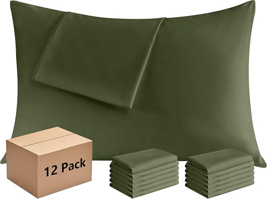 Pillowcases Standard 12 Pack, 20x26 Pillow Cases with Envelope Closure, Soft Plain Brushed Microfiber Covers Breathable Wrinkle-Resistant, Olive Green