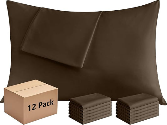 Pillowcases Standard 12 Pack, 20x26 Pillow Cases with Envelope Closure, Soft Plain Brushed Microfiber Covers Breathable Wrinkle-Resistant, Brown