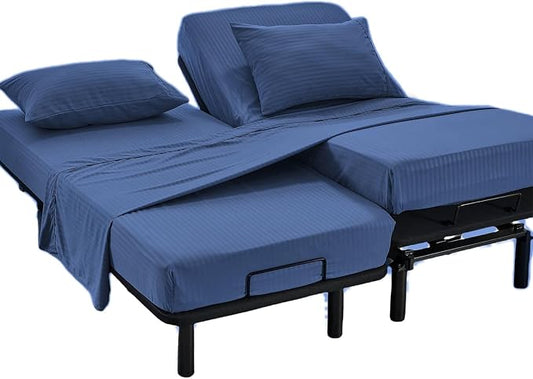 Kingnex Striped Split Queen Sheets for Adjustable Bed Soft 1800 Brushed Microfiber 5 Pieces Set Includes 2 30x80 Fitted Sheets with 14 Max Deep 1 Flat Sheet 2 Queen Size Pillowcases Navy