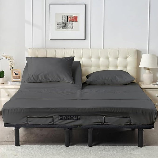 4 Piece Split Head Flex Sheet Set, 39" Top Split King Sheets for Adjustable Beds, 100% Egyptian Cotton, 16 Inch Deep Pocket, Soft Durable Breathable Sheets, Dark Grey Solid, Ideal for Adjustable Beds