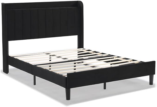 VINGLI Upholstered Platform Bed Queen Panel Bed Frame with Headboard, Wingback Storage Bed Queen with Charging Station, Velvet Black