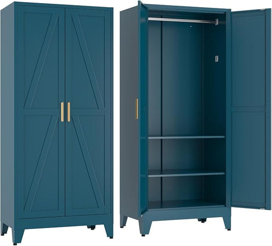COFaR 71'' Metal Armoire Wardrobe Closet, Steel Wardrobe Cabinet with Adjustable Hanging Rod and Shelves, 2 Doors Farmhouse Closet Storage for Bedroom Garage Office, Peacock Blue