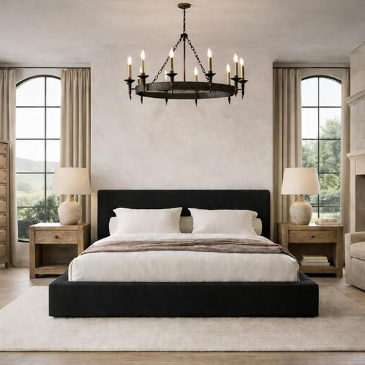 Square Bed – Washable Cover - Soft Upholstered Linen - Minimalist Modern - Sold Separately(Black Linen, King Headboard)