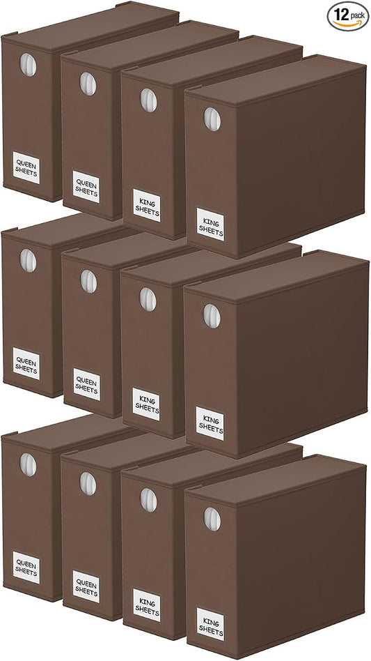 SpaceAid 12 Pack Bed Sheet Organizers and Storage, Foldable Sheet Organizer for Linen Closet, Sheets Set Folder Keeper with Window XL (Queen & King Size) Bedding Container (Brown, 12 Pack)