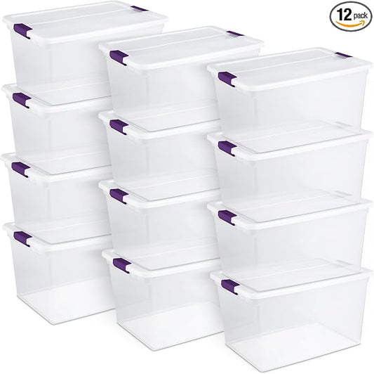 Sterilite 66 Qt ClearView Latch Storage Box, Stackable Bin with Latching Lid, Organize Clothes, Blankets, Items in Closet, Clear Base and Lid, 12-Pack