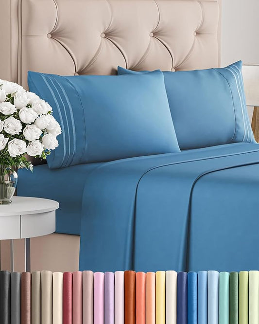 King Size 4 Piece Sheet Set - Comfy Breathable & Cooling Sheets - Hotel Luxury Bed Sheets for Women and Men - Deep Pockets, Easy-Fit, Soft and Wrinkle Free Sheets - Denim Blue Oeko-Tex Bed Sheet Set