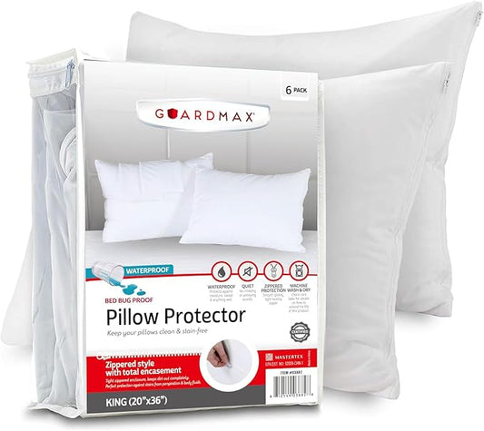 Guardmax Jersey Knitted Pillow Protector with Zipper King Size - 12 Pack - 100% Waterproof, Bed Bug Proof, Dust Mite Proof, & Hypoallergenic Pillow Covers - Premium Zippered Pillow Cases. (20 X 36)