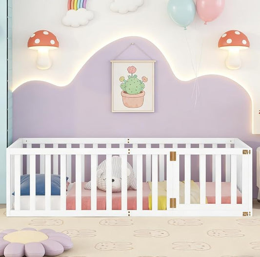 Bellemave Twin Size Montessori Floor Bed with 21.7" High Rails, Pine,Plywood Floor Bed with Small Door, White
