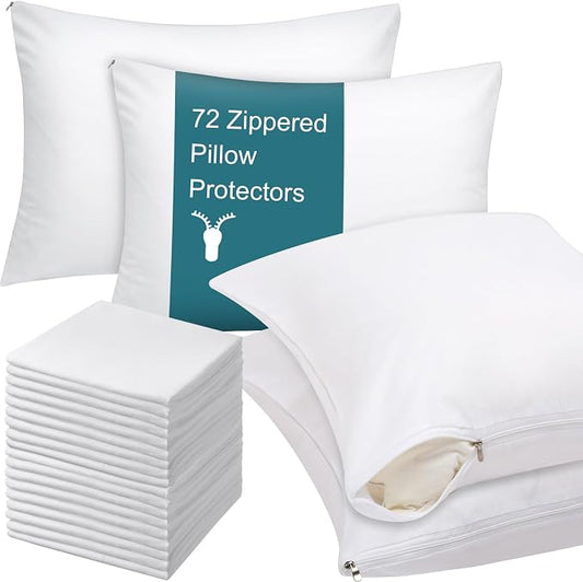 Shimeyao 8 Pcs 20 x 26 Inch Zippered Pillow Protectors Bulk, Standard Size Bedding Pillow Cases, Soft Breathable Cotton Sateen Dust Protection Covers White Protectors for Home Hotel Rental
