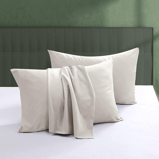 100% Egyptian Cotton Pillow Protectors Set of 2, 600 Thread Count King Size Bed Pillow Cases with Zipper, Sateen Weave Cooling Pillow Cases Quiet and Breathable Easy Care (2PCS, King, Light Beige)