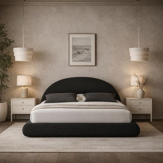 Round Bed – Washable Zip Cover - Upholstered Linen Soft Foam - Modular Minimalist Modern - Half Circle Moon - Sold Sold Separately (Waterproof Black Linen, King Base)