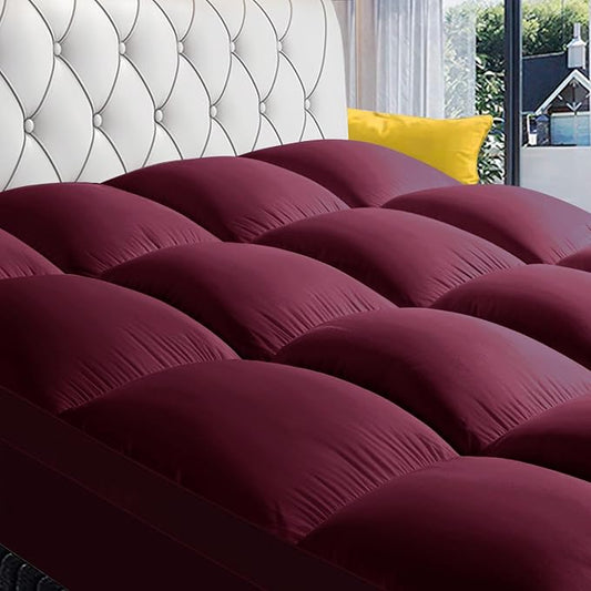 COONP Queen Mattress Topper, Extra Thick Pillowtop, Cooling Plush Mattress Pad Cover Bed Topper Protector with 8-21 Inch Deep Pocket (Burgundy, Queen)