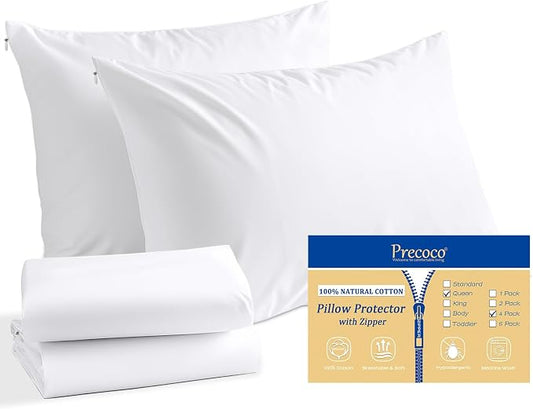 Cotton Queen Size Pillow Cases Set of 4, White Pillow Protectors with Zipper, Cooling Breathable Hidden Zippered Pillow Covers & Pillowcases Covers for Hot Sleepers, 20x30 Inches