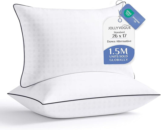 JOLLYVOGUE Pillows Standard/Full Size Set of 2, Hotel Collection Bed Pillows for Side, Back, and Stomach Sleepers, Fluffy and Supportive, Down Alternative Microfiber Filled Pillows, 2 Pack