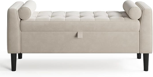 Garvee 46.5 in Storage Ottoman Bench – Upholstered End-of-Bed Storage Chest with Rolled Armrests & Wood Legs, Entryway Shoe Bench and Footrest Seat for Hallway, Bedroom & Living Room （Beige）